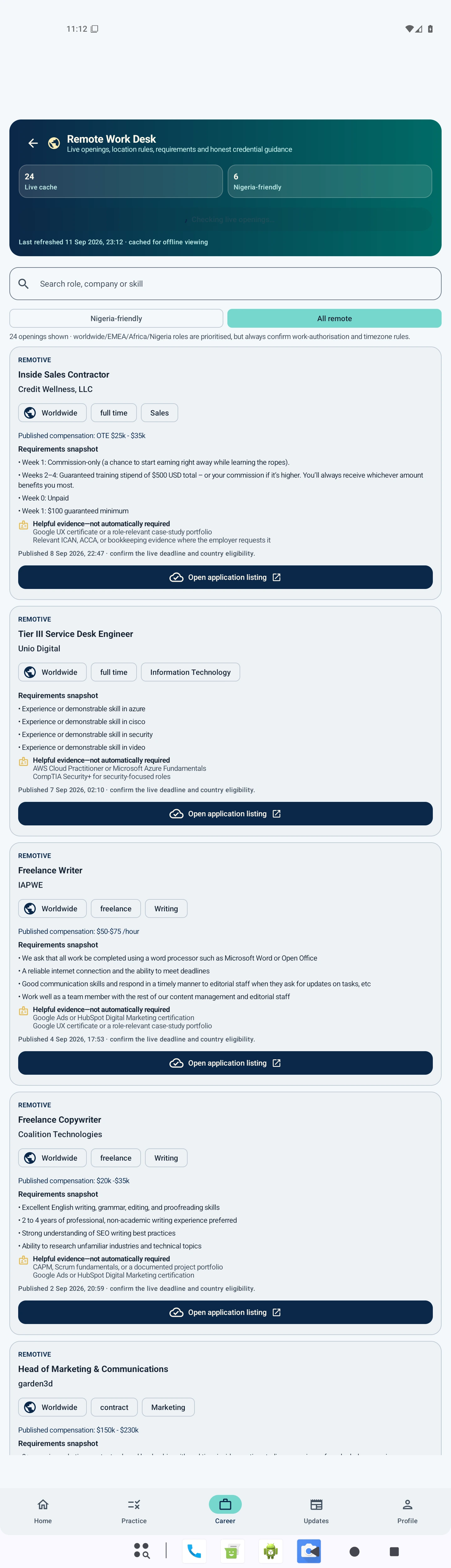 Remote Work Desk showing a populated list of remote career opportunities