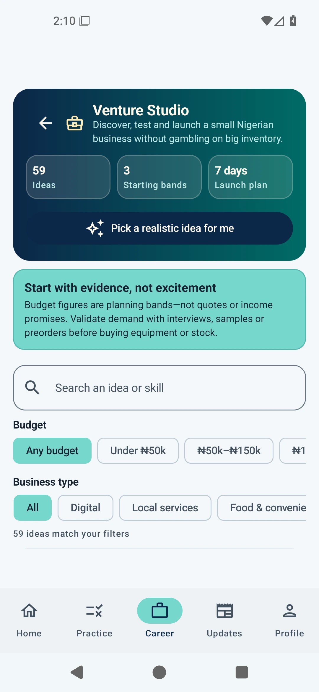 Venture Studio showing low-capital business models